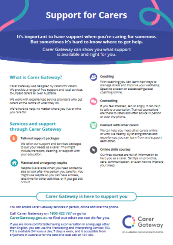 cover of Factsheet: Support for Carers